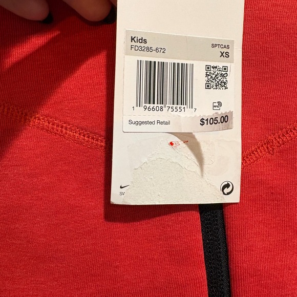 ike Tech Fleece Hoodie Kids Youth XS Red Windrunner Full Zip FD3285-672 - Picture 3 of 4